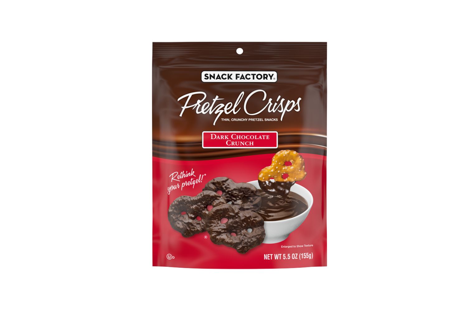 A package of Snack Factory Pretzel Crisps Dark Chocolate Crunch flavored snack