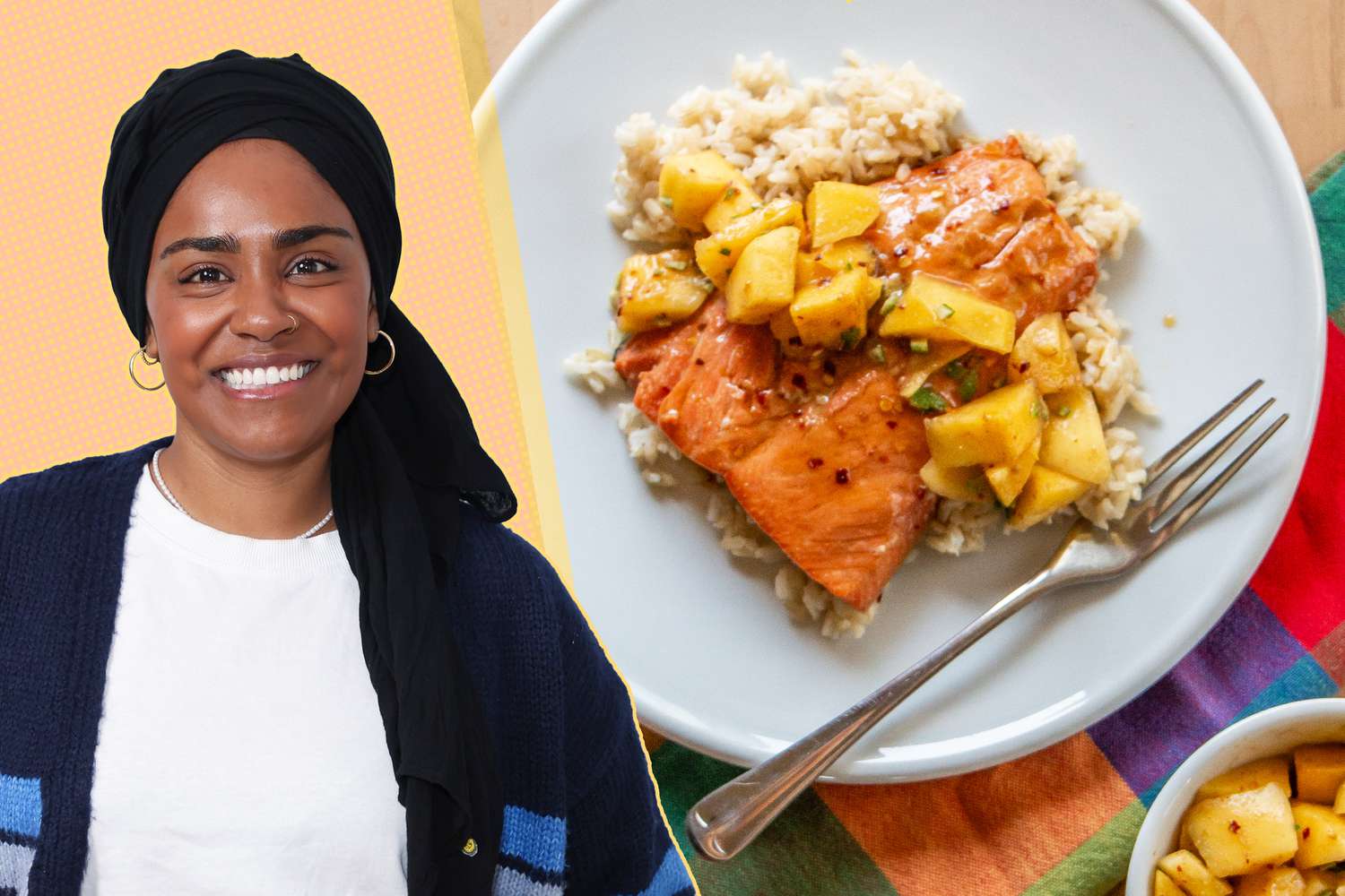 Nadiya Hussain next to a plate of salmon with fruit on rice
