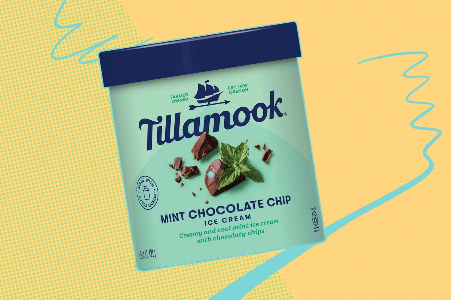 A tub of Tillamook Mint Chocolate Chip Ice Cream with mint leaves and chocolate depicted on the label