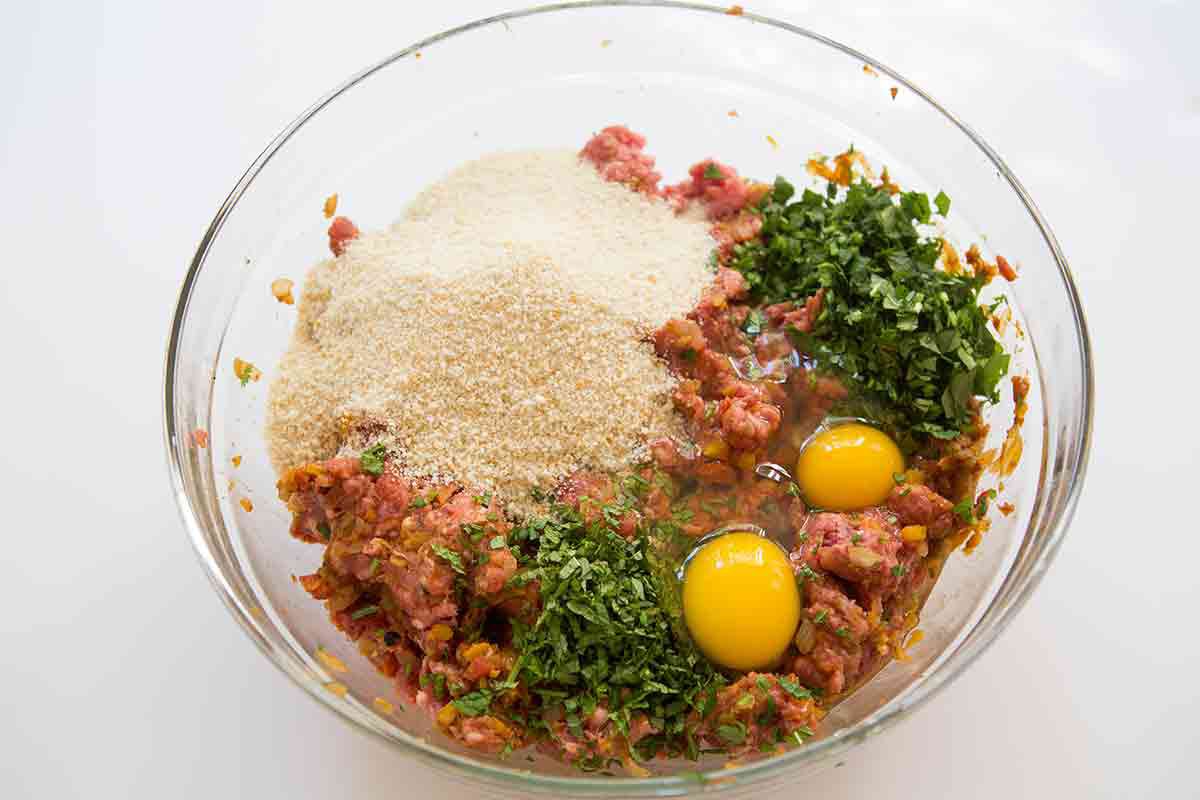 breadcrumbs, eggs, cilantro, mint, spices, moroccan meatloaf mixture