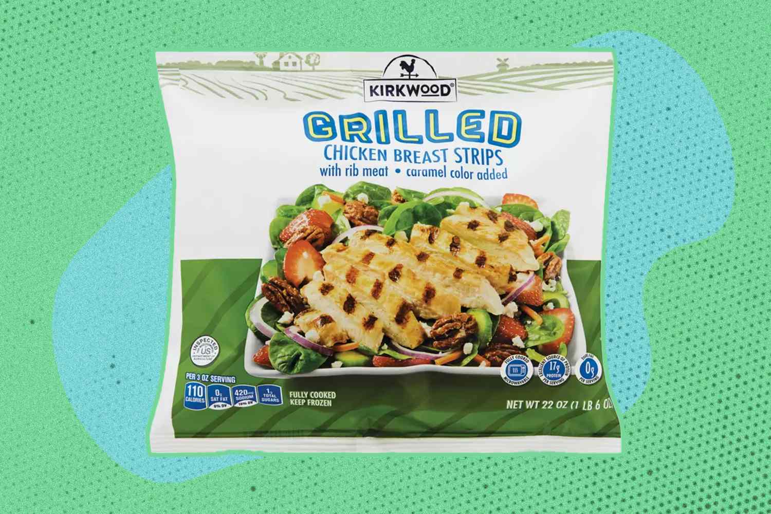 Kirkwood Grilled Chicken Breast Strips packaging on a patterned background