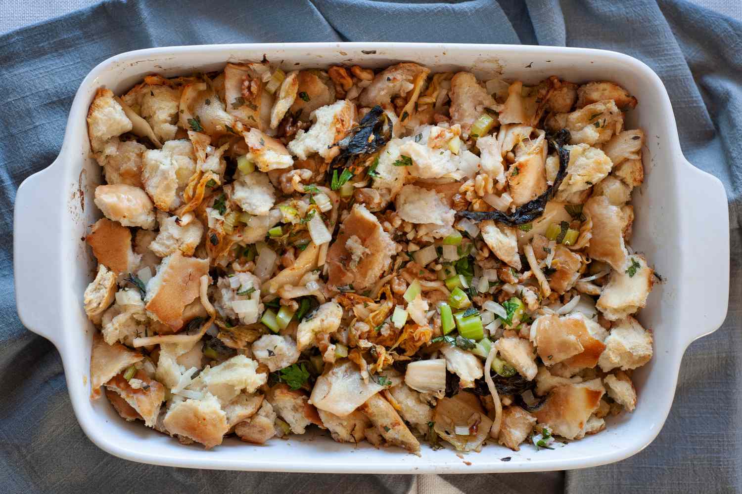 Overhead view of kimchi stuffing in a casserole dish.