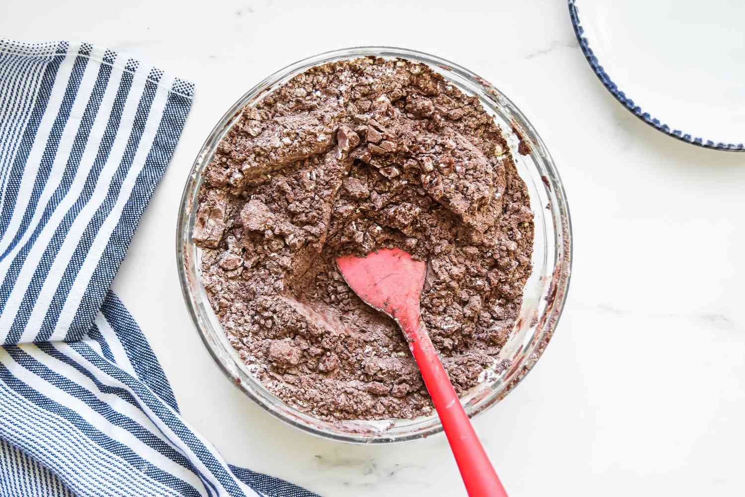 Dry Ingredients (All-Purpose Flour, Dutch Processed Cocoa Powder, etc) Mixed Together in a Bowl Using a Spatula for Chocolate Mayonnaise Sheet Cake Recipe