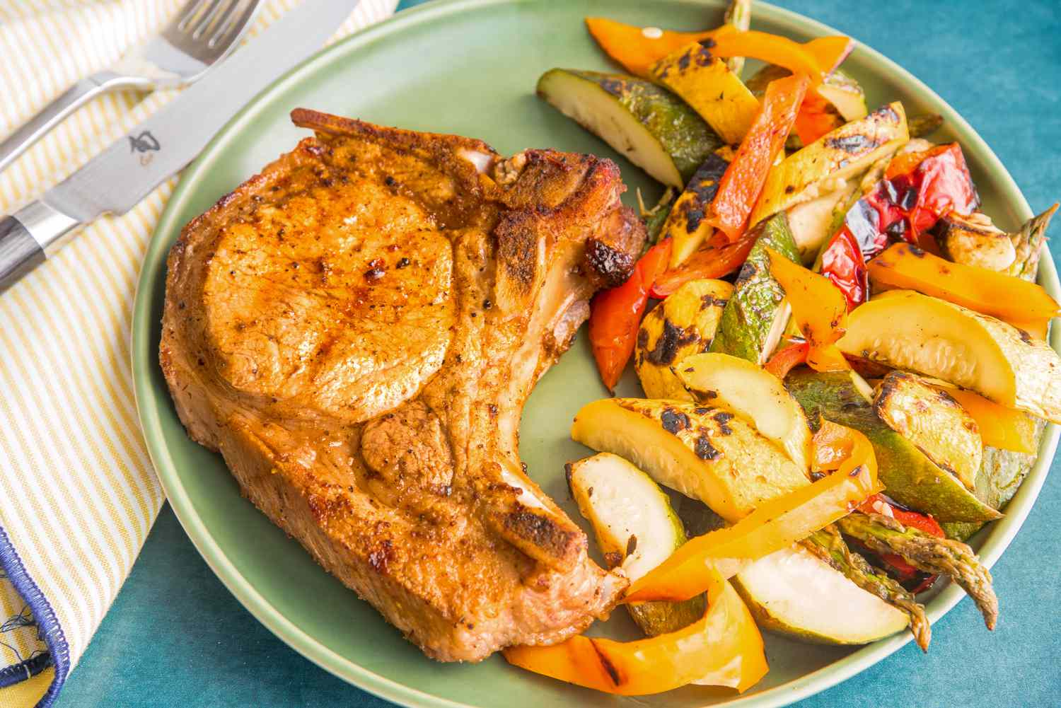 Grilled Pork Chops with Squash and Peppers
