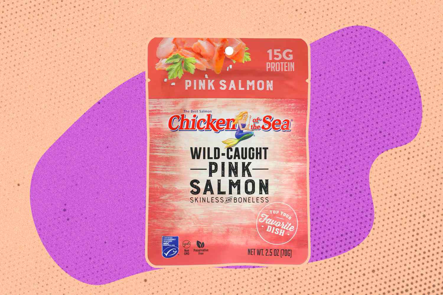 A bag of Chicken of the Sea wild-caught pink salmon on an illustrated background