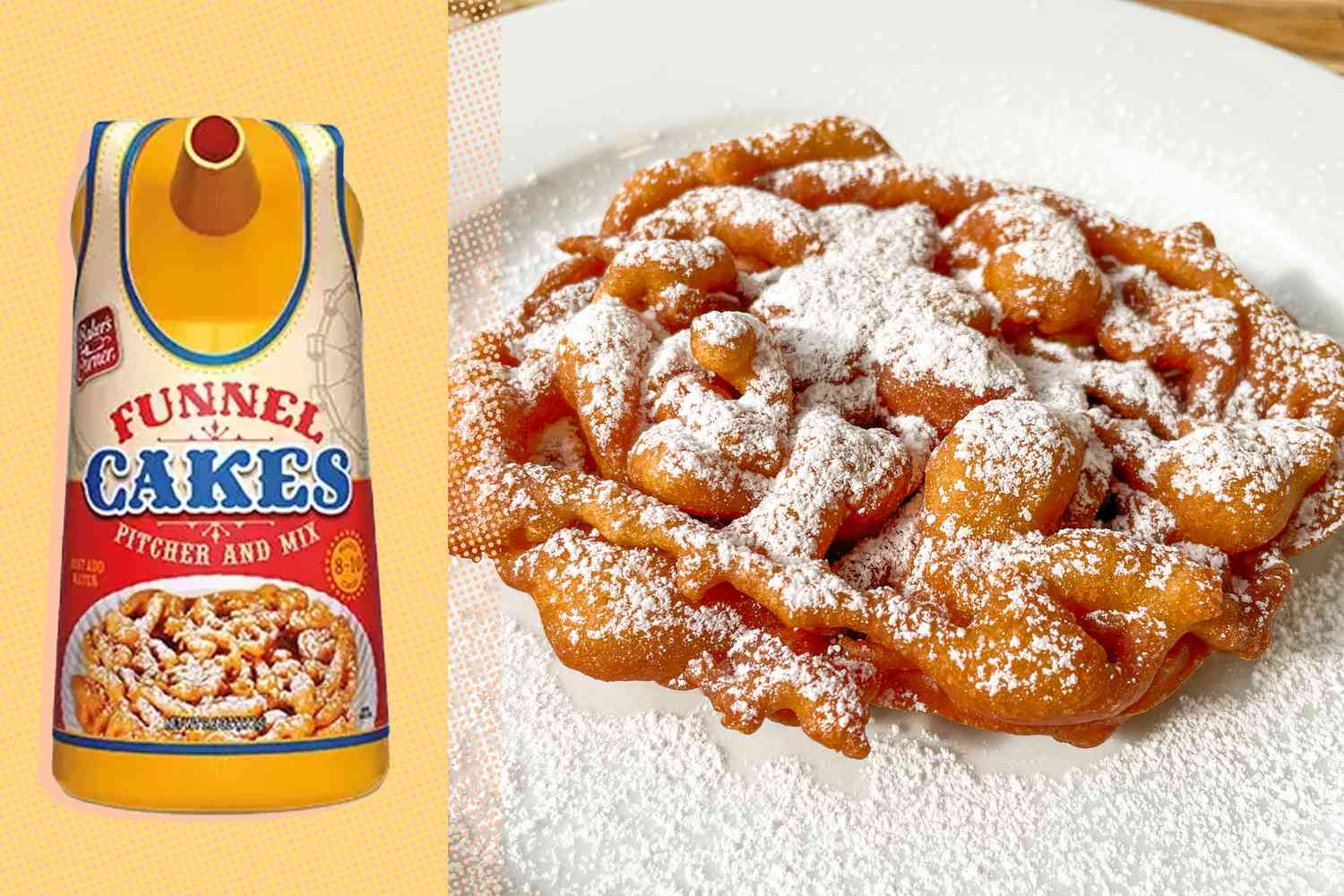 ALDI Funnel Cake package cut out next to a photo of funnel cake