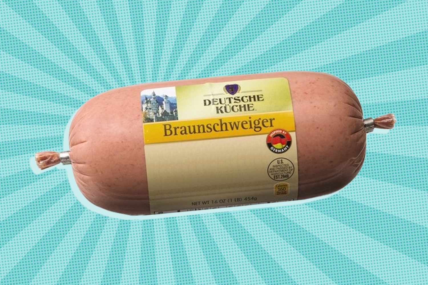 ALDI Braunschweiger package over a colorful background
