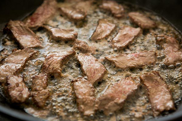 Tenderloin or top sirloin strips sautéing