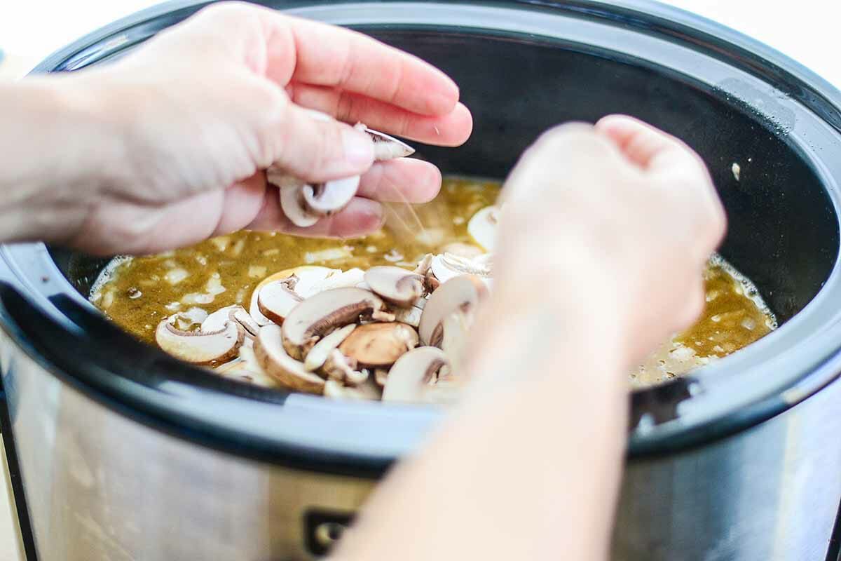 Stir in the mushrooms for slow cooker beef stroganoff