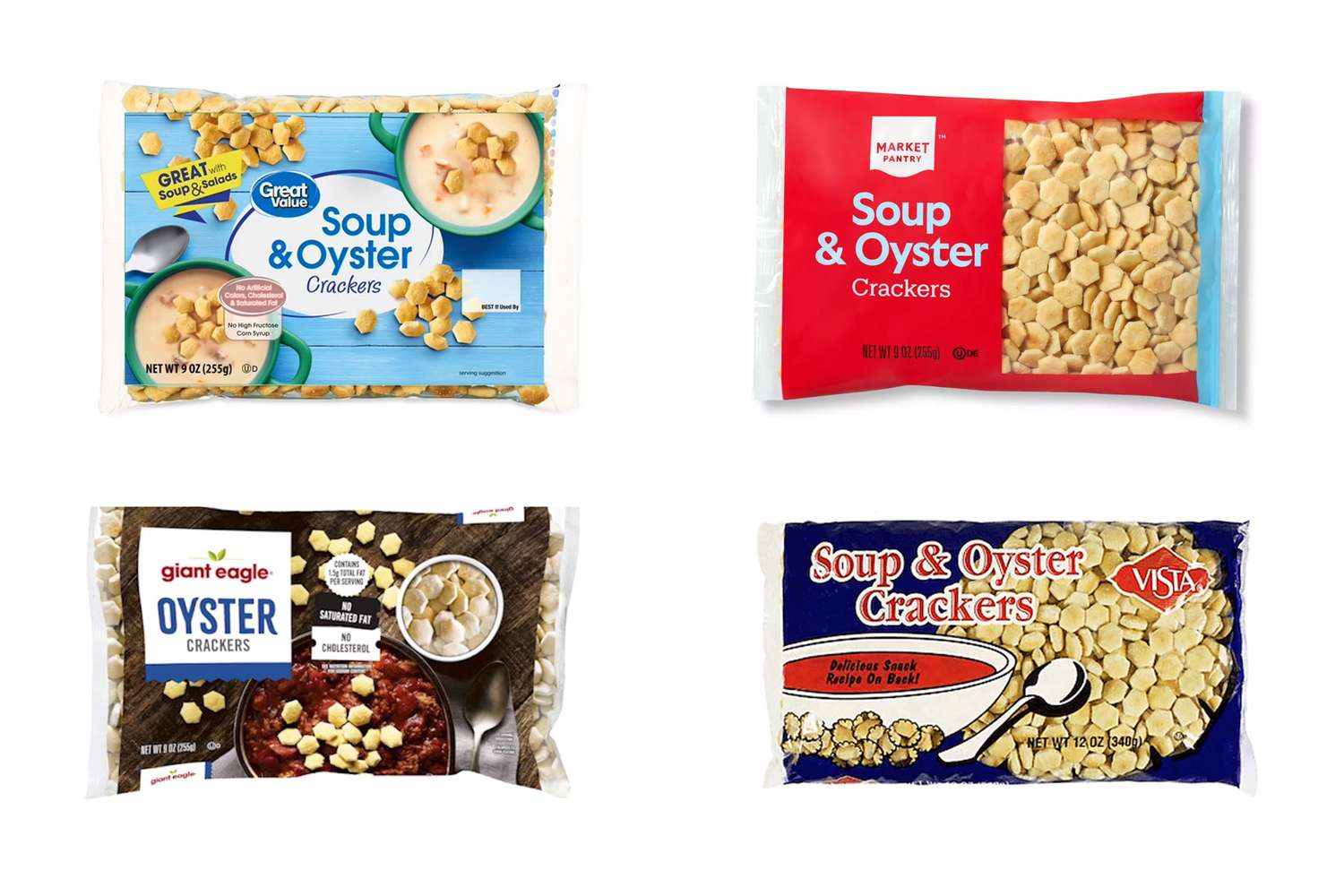 Bags of oyster crackers in front of a white background