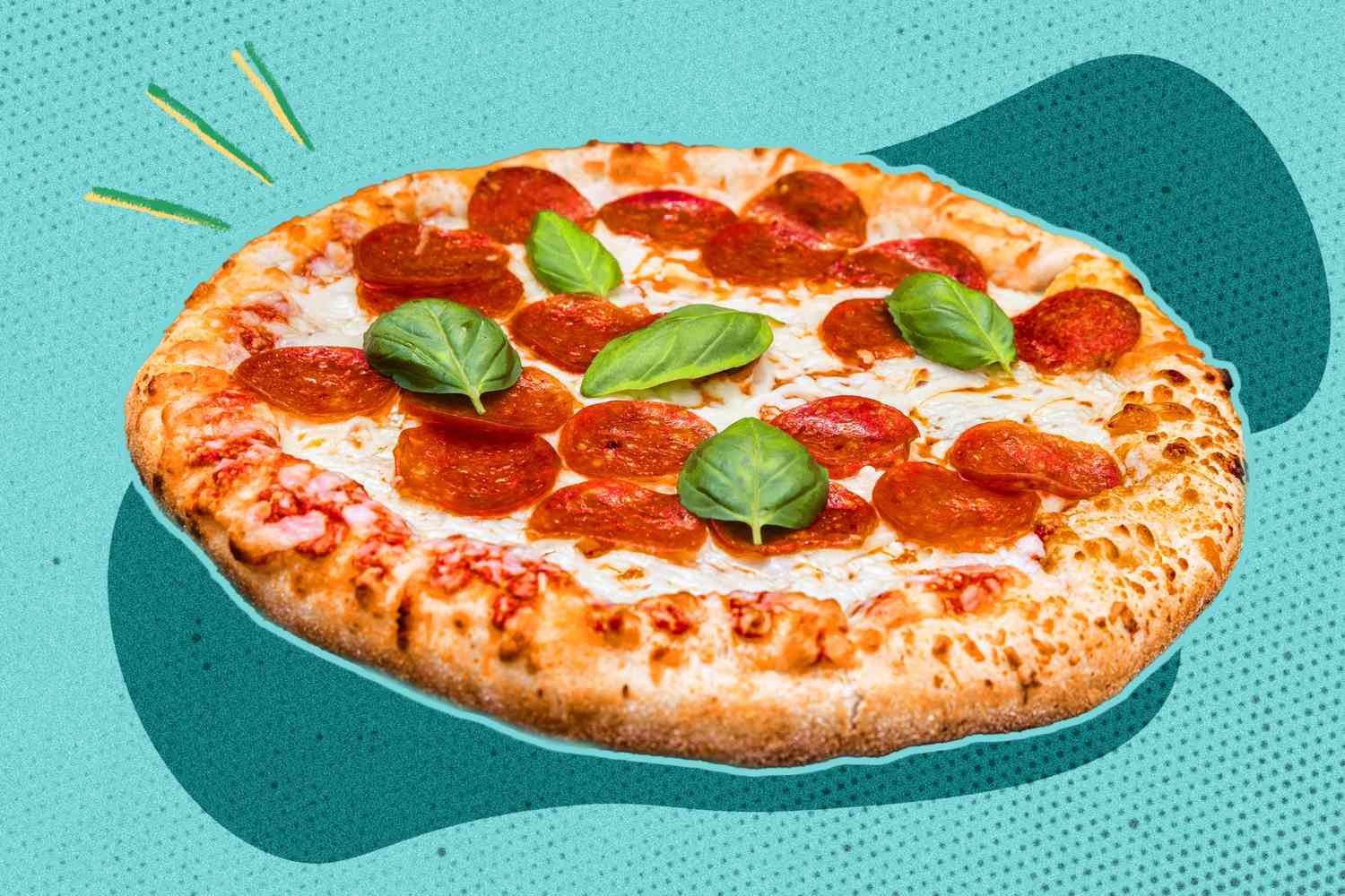 Pepperoni pizza topped with fresh basil leaves