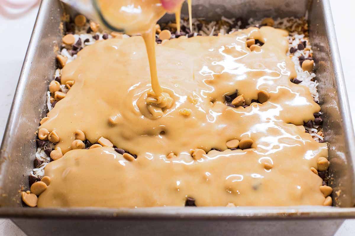 Seven Layer Bars with Peanut Butter and Pretzels add the peanut butter