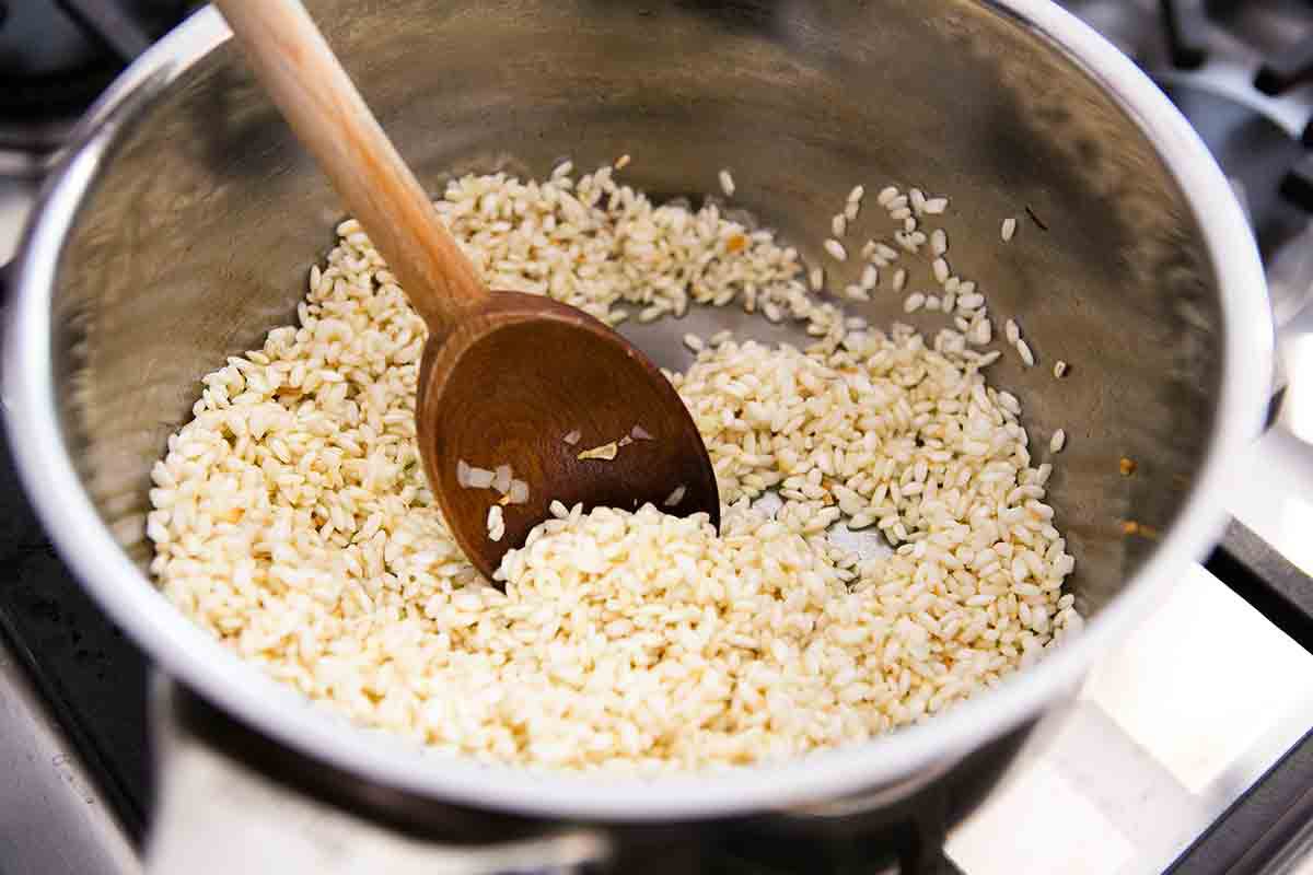 lightly toast dry rice in pot to start risotto