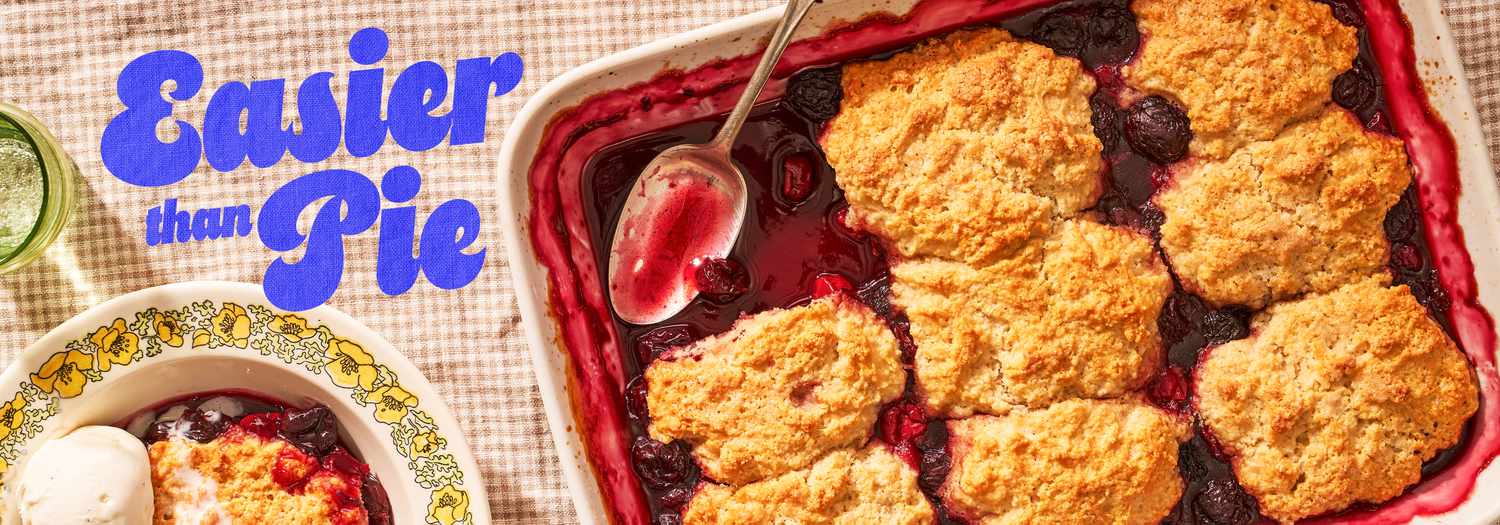 Baking dish of sweet cherry cobbler with text overlay "Easier Than Pie"