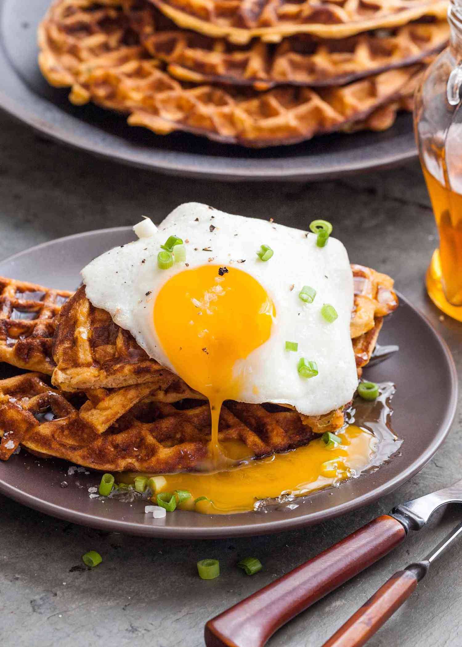 Sweet Potato Waffles with Bacon, Scallions and Fried Eggs