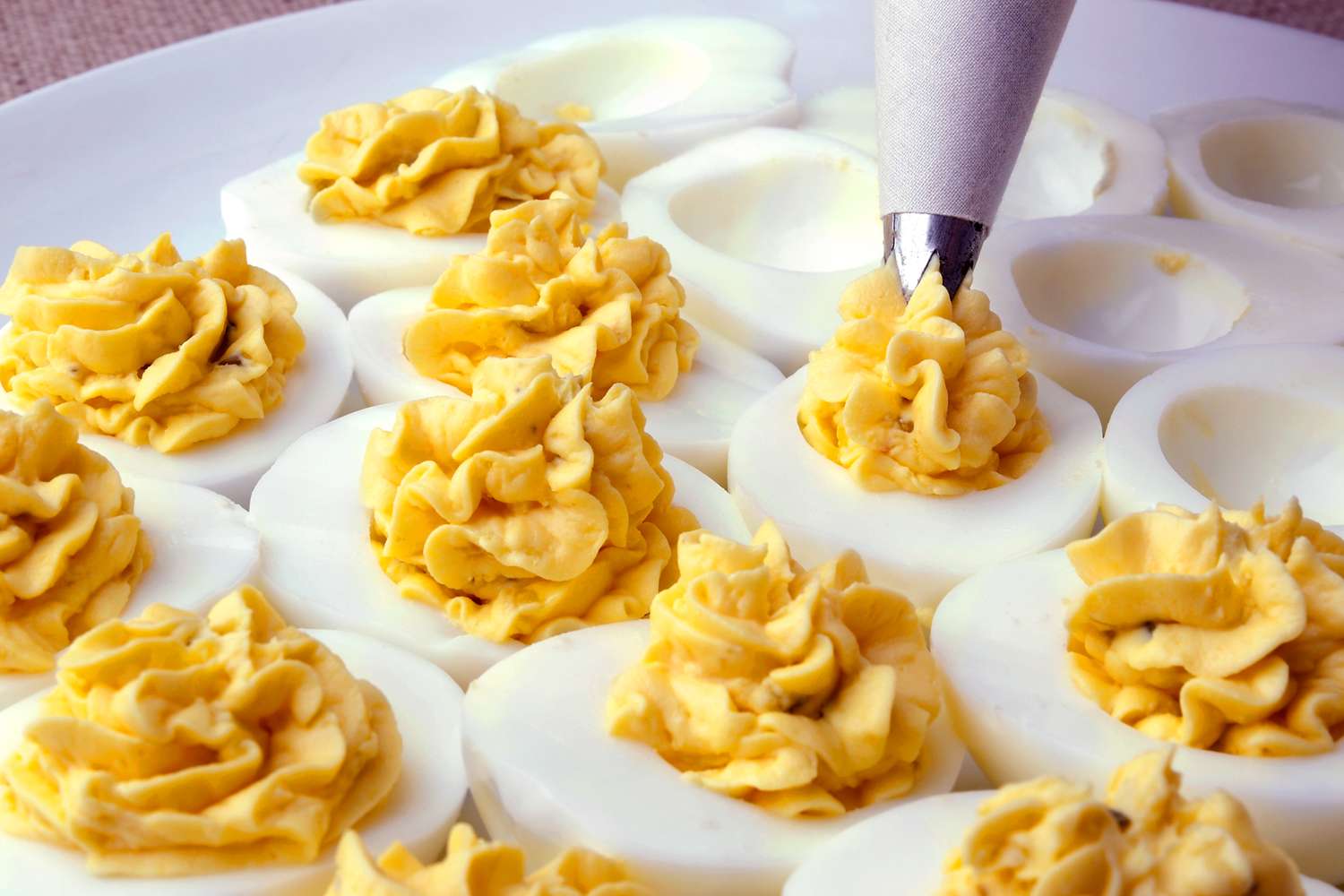 Deviled eggs being filled with a piping bag on a white plate