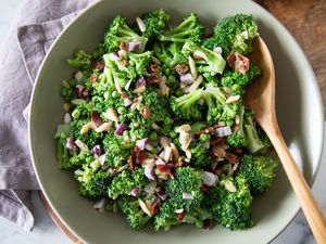 Broccoli Salad with bacon and mayonnaise in a bowl