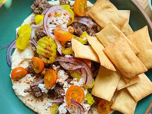 Ground Beef Hummus Bowl and pita chips