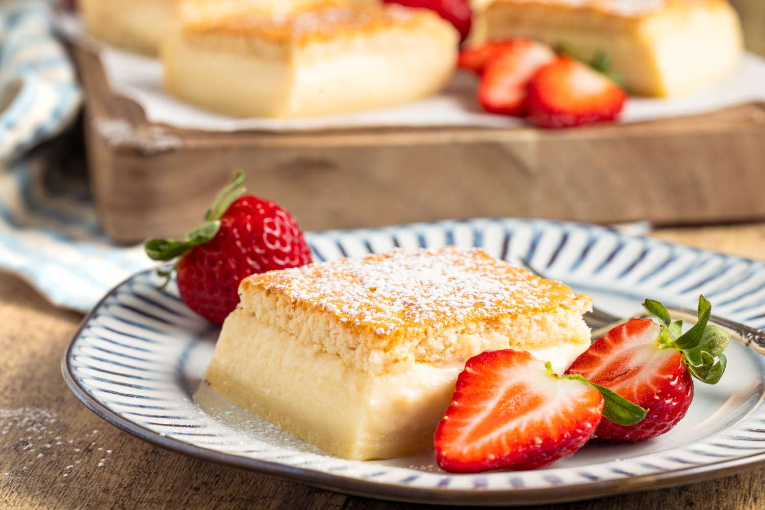 magic cake slice on a plate with sliced stawberry pieces, and in the background, more slices on a parchment paper lined wooden board