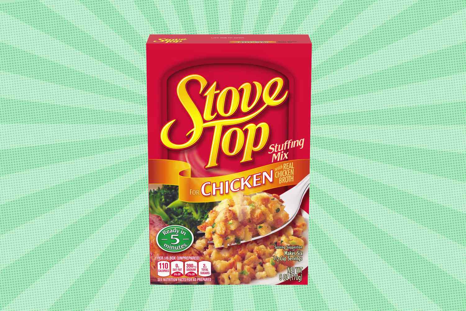 A box of Stove Top stuffing mix chicken flavor showing serving suggestion on the front