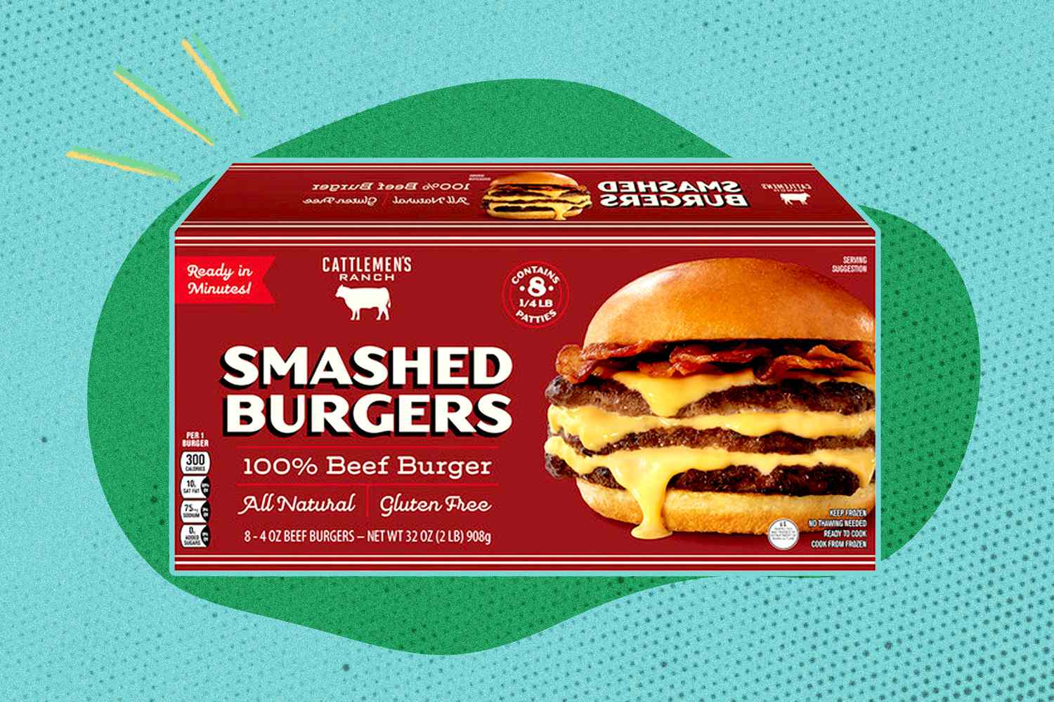 Box of Cattlemen's Ranch Smashed Burgers with product details displayed on the packaging