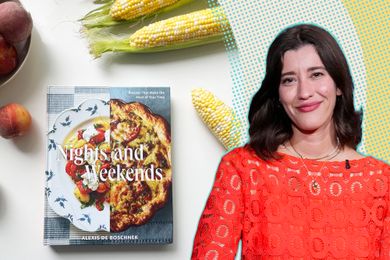 A split image of Alexis de Boschnek and her cookbook Nights and Weekends, with corn and peaches in the background