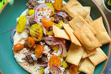 Ground Beef Hummus Bowl and pita chips