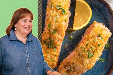 A split image of Ina Garten and a plate with two salmon fillets