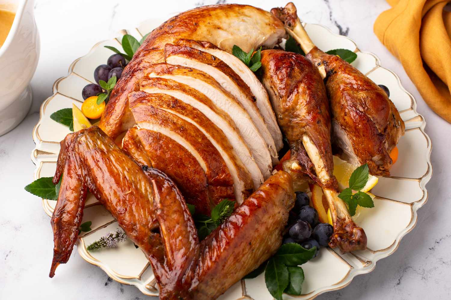 Carved roasted turkey on a serving plate