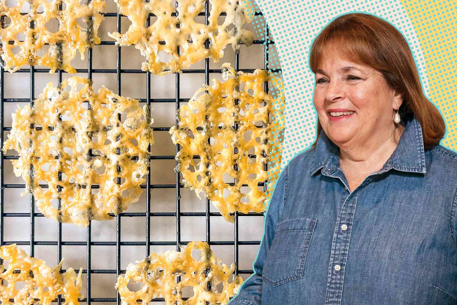 Ina Garten next to a rack of Parmesan crisps