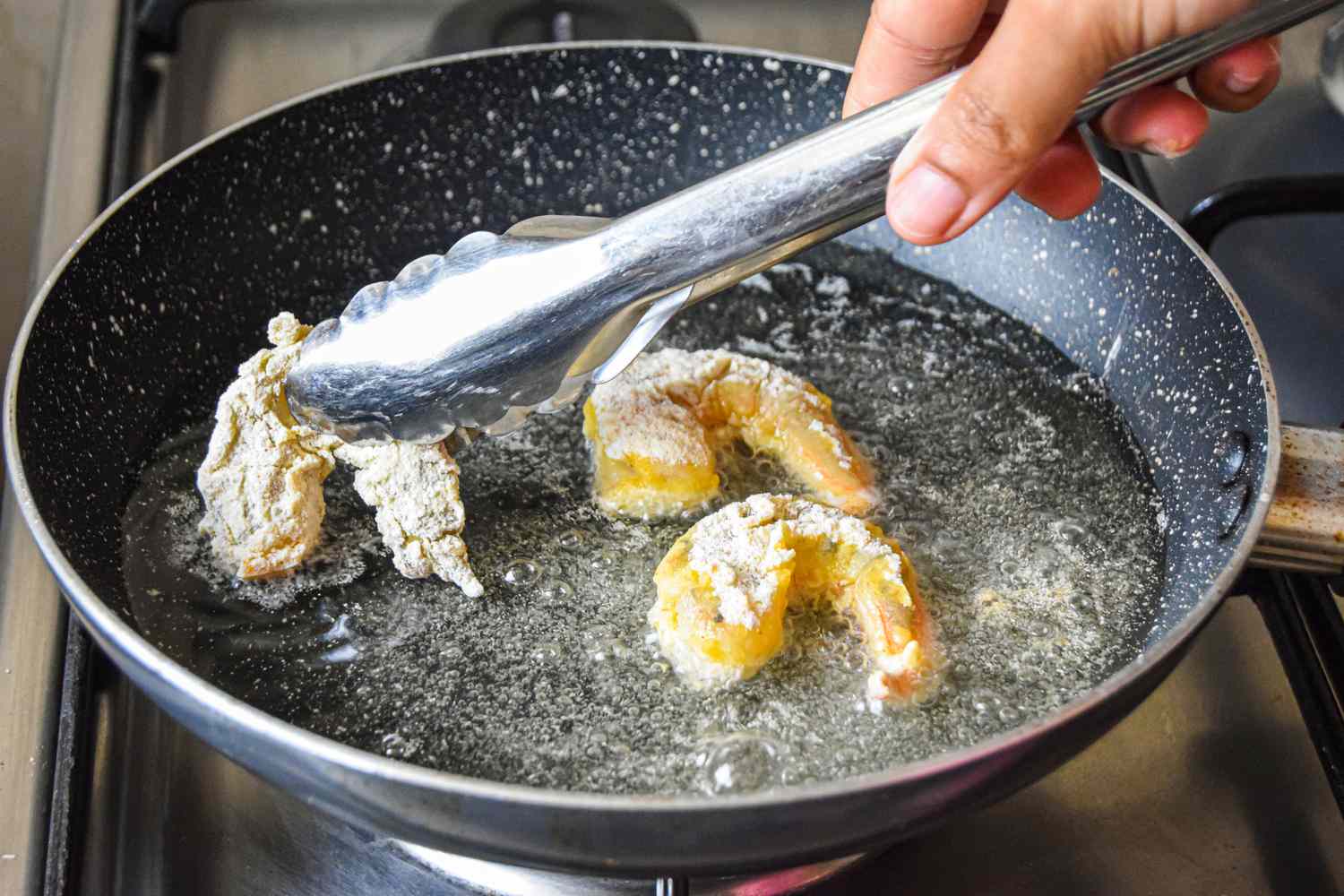 Dredged Shrimp Added to Pot of Hot Oil for Po Boy Sandwich