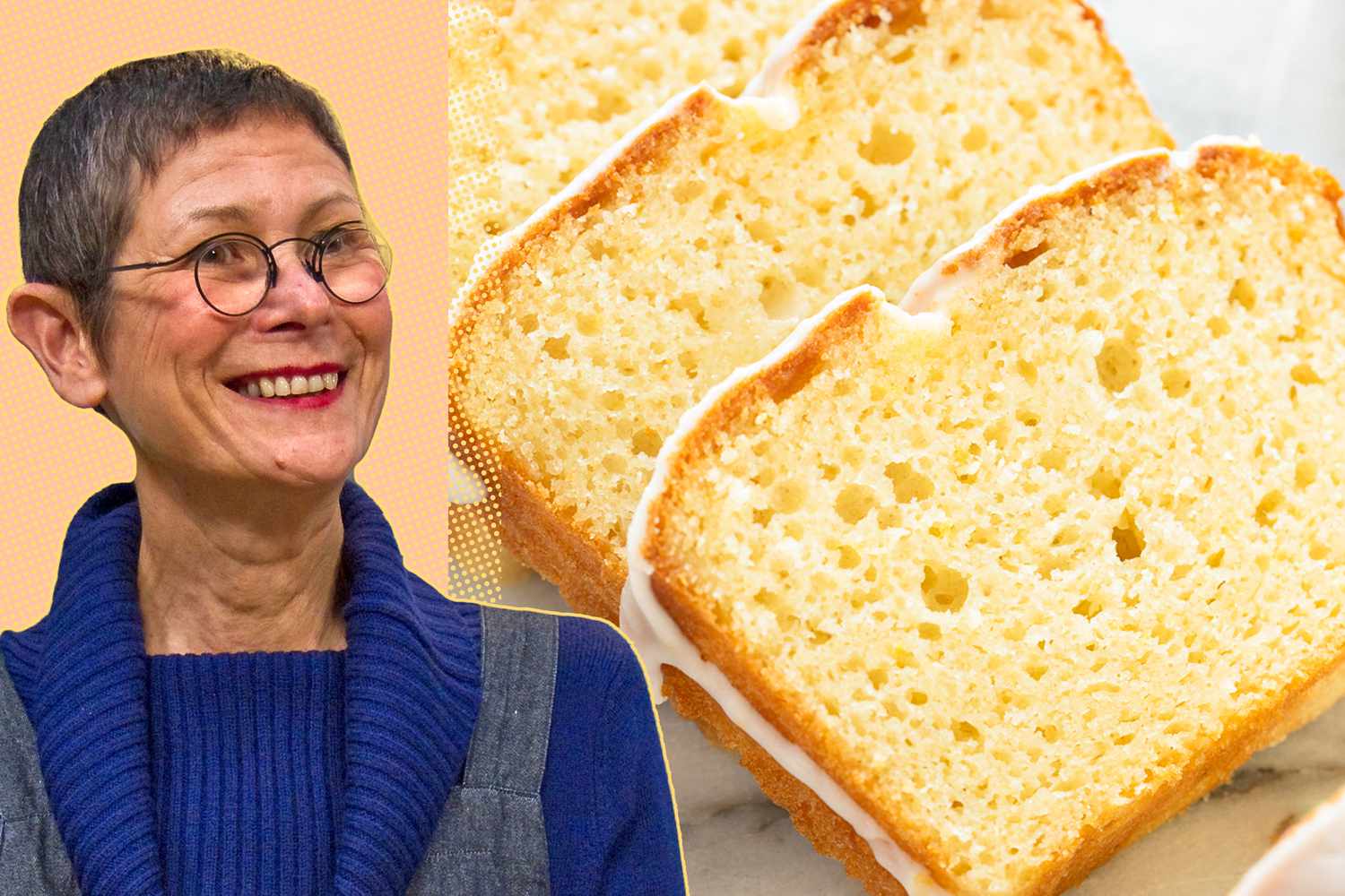 Dorie Greenspan, three slices of cake in the background.