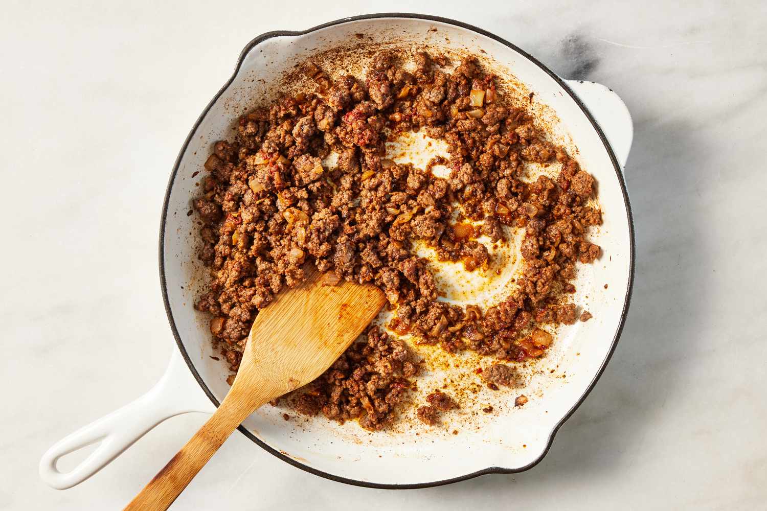 cooked beef after seasoning is mixed in for homemade hamburger helper recipe