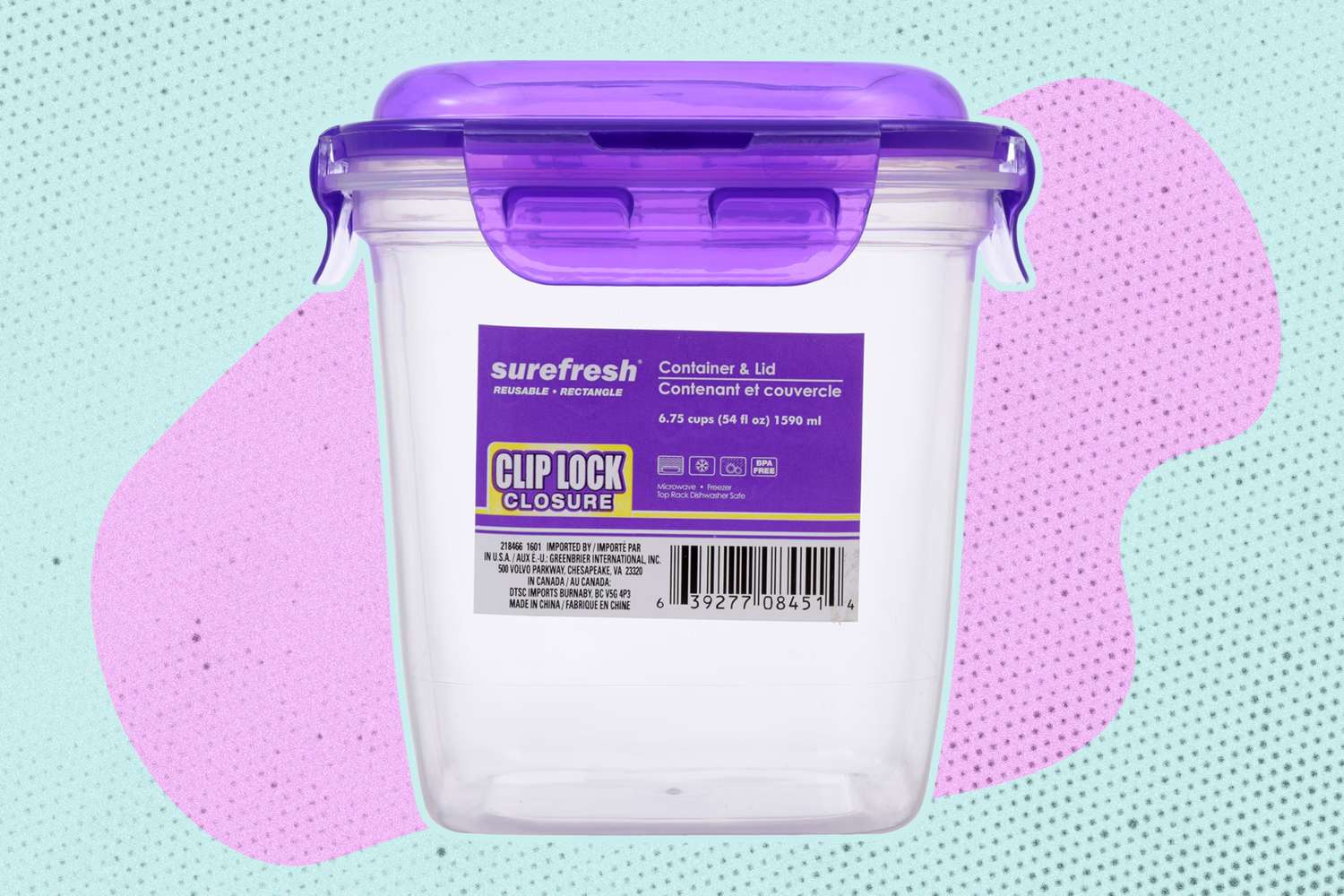 A reusable food storage container with purple lid and clip lock closure