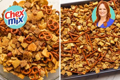 Homemade Chex Mix recipe attributed to Ree Drummond in a collage of two views bowl and tray of seasoned mix with Chex Mix logo in frame