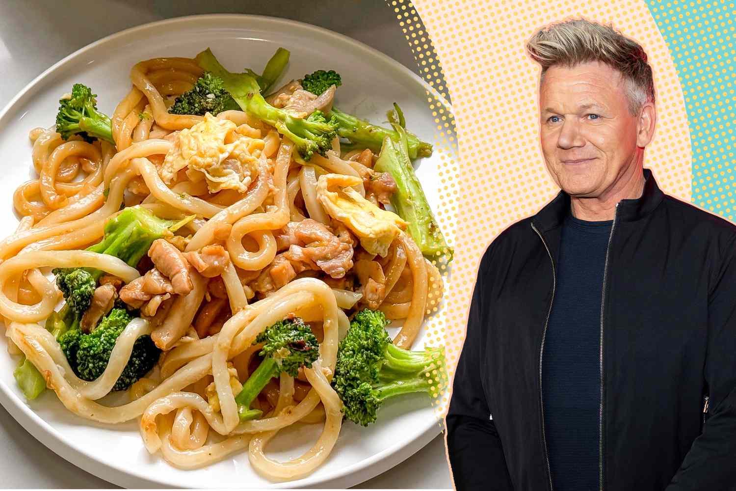 photo of stir-fried noodles next to a cut-out of gordon ramsay