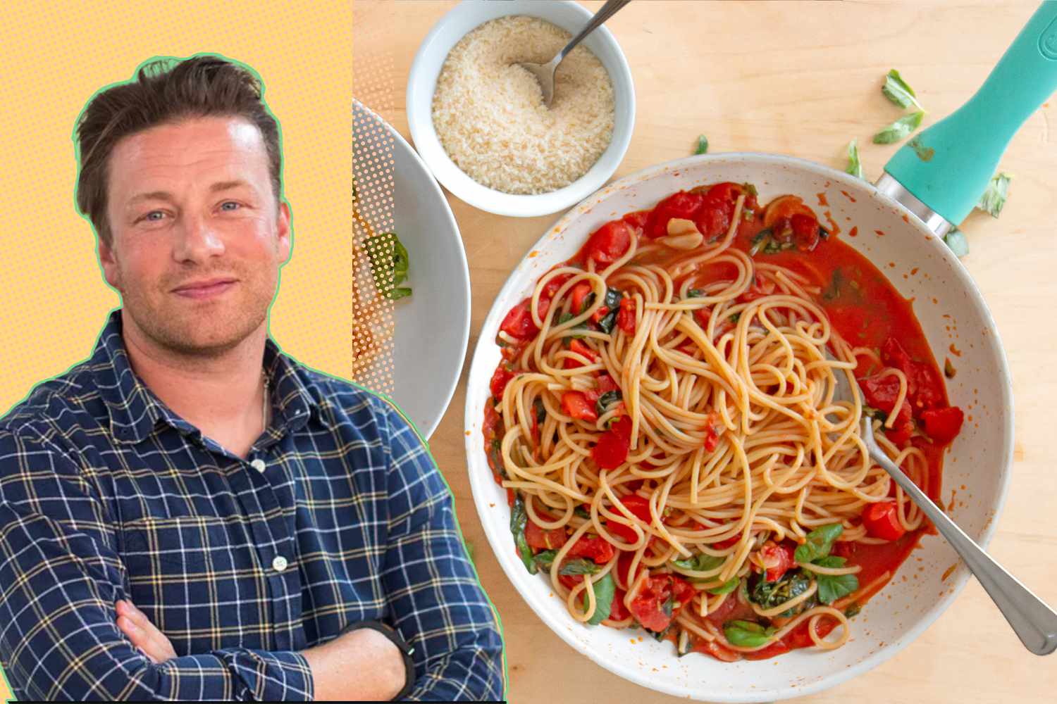 A split image of Jamie Oliver and a bowl of spaghetti in tomato sauce