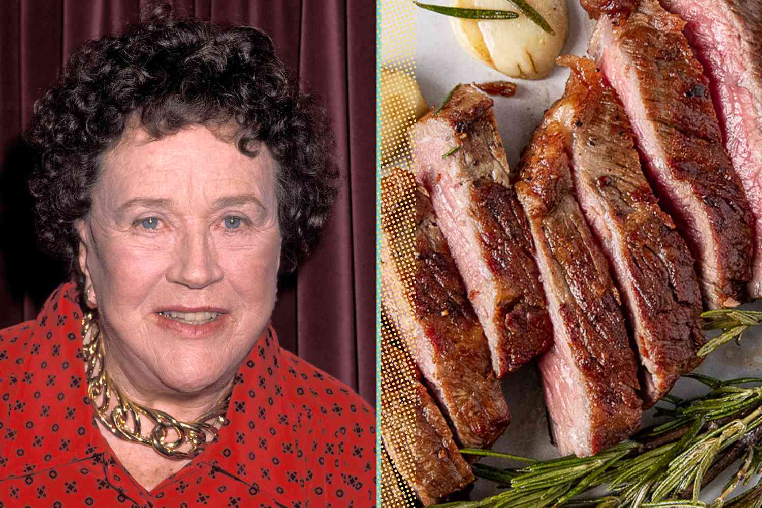 Julia Child next to a display of cooked steak slices