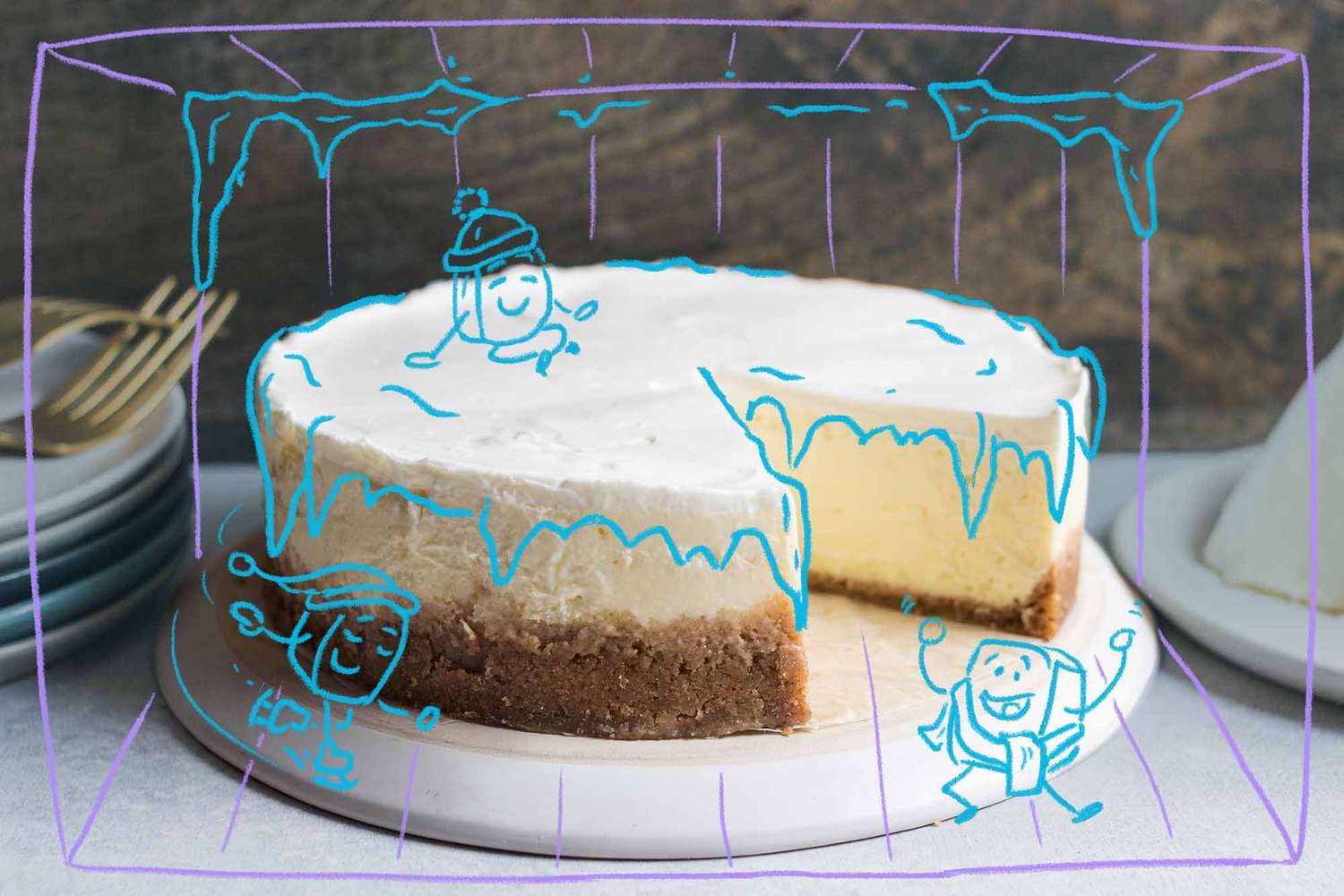 Perfect Cheesecake Illustration with blue ink drawn over it to make it look like it's frozen