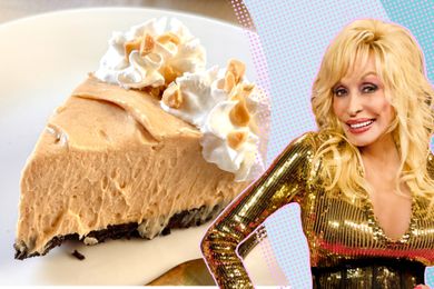 portrait of Dolly Parton next to a slice of Peanut Butter Pie