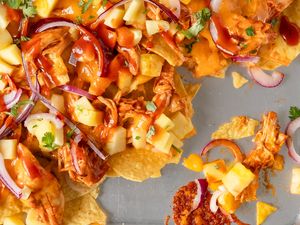 overhead close-up view of BBQ Chicken Sheet Pan Nachos