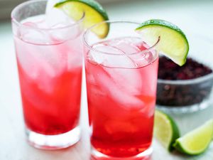 Horizontal view of two side by side tall glassed with hibiscus cocktails inside. Ice cubes are inside the glass and a lime wedge sits on the lip of each glass with additional lime wedges to the right of the glasses. Partial view of a bowl of dried hibiscus in the background to the right of the second glass.