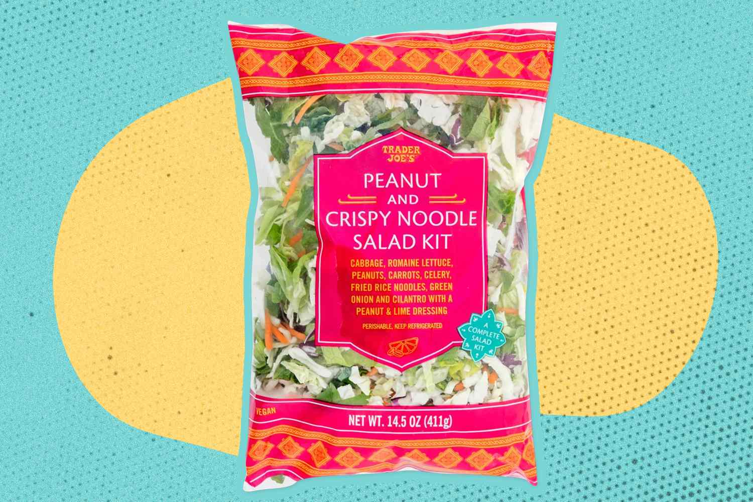trader joe's peanut and crispy noodle salad kit package over a colorful background