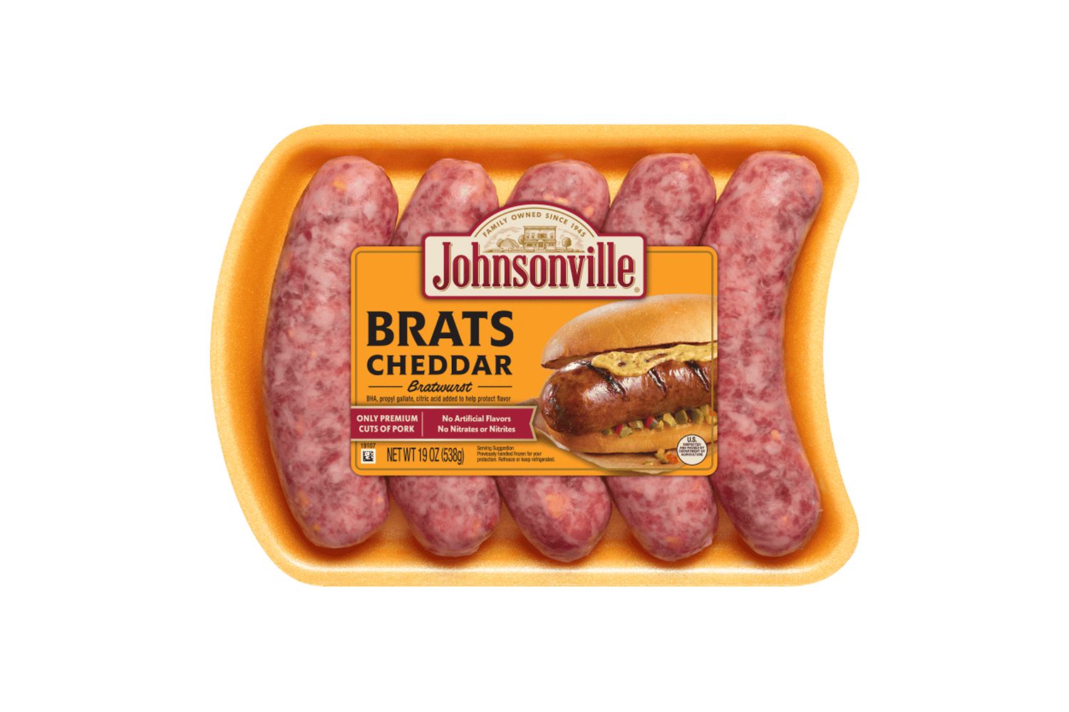 A package of Johnsonville cheddar brats