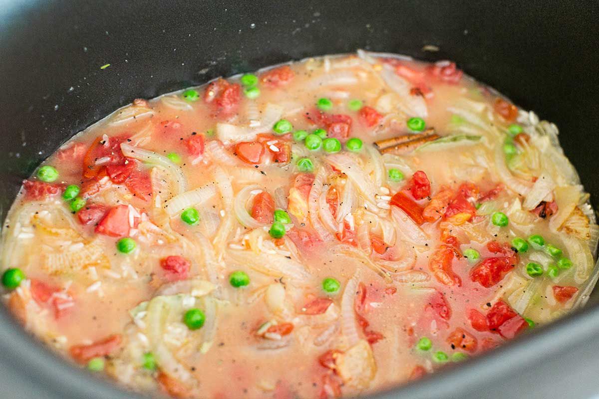 Easy Slow Cooker Chicken and Rice Casserole add veggies and broth