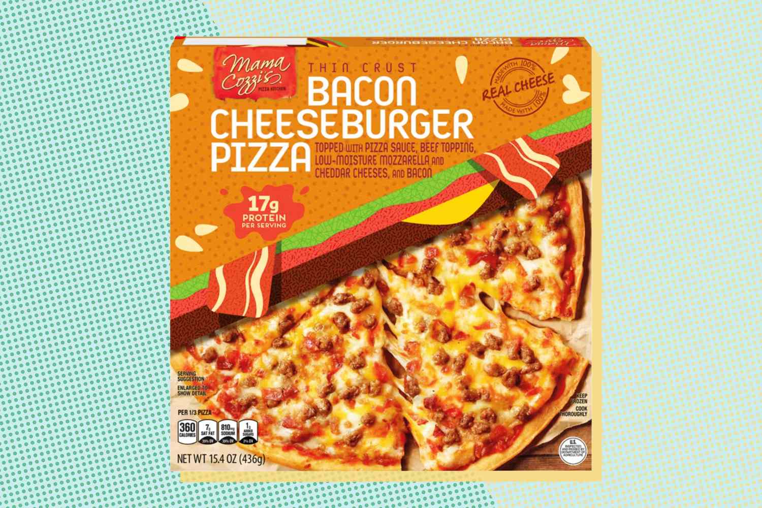 Packaged bacon cheeseburger pizza from Aldi displayed in a carton