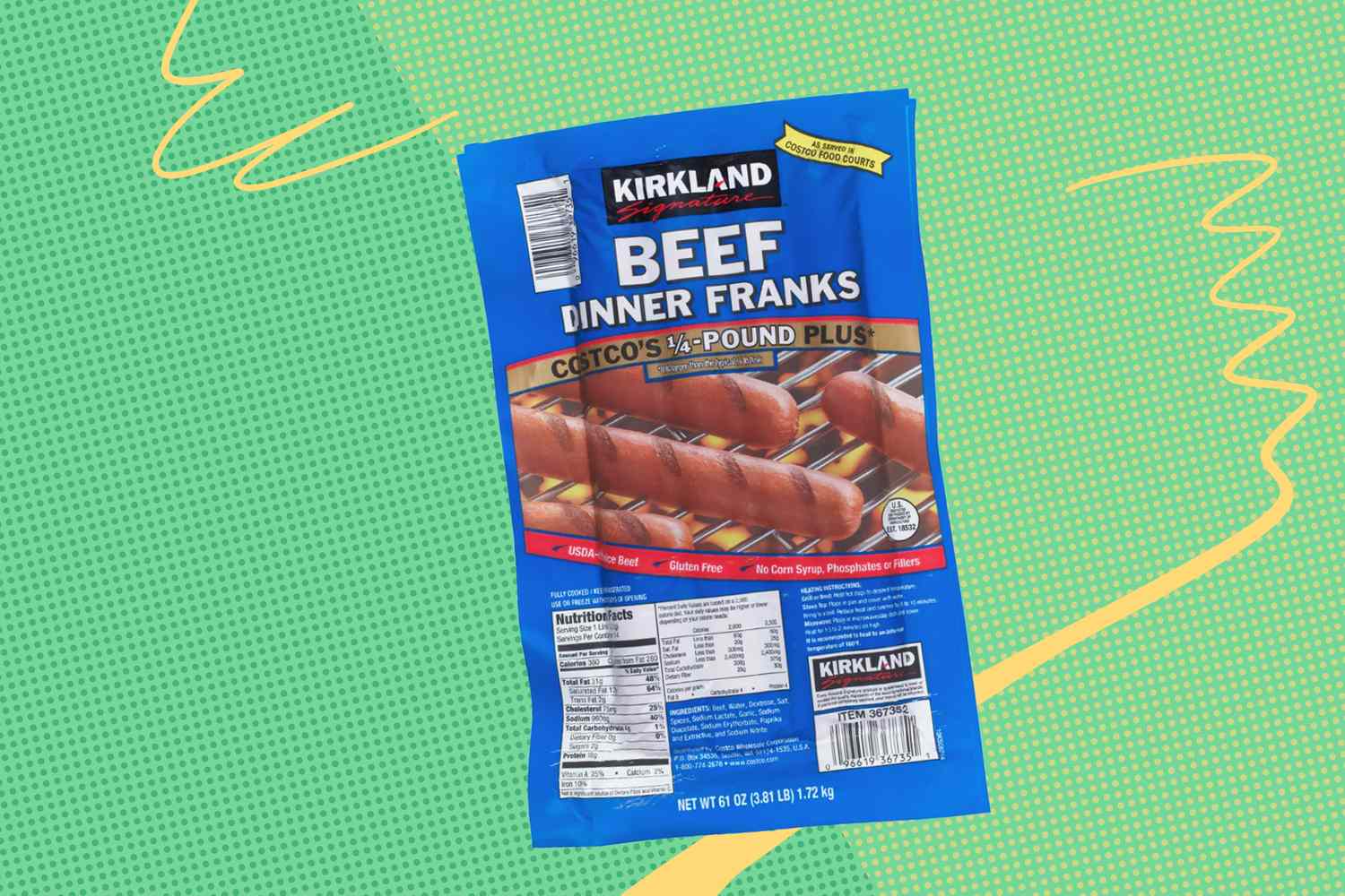A package of Kirkland Signature Beef Dinner Franks on a colorful background