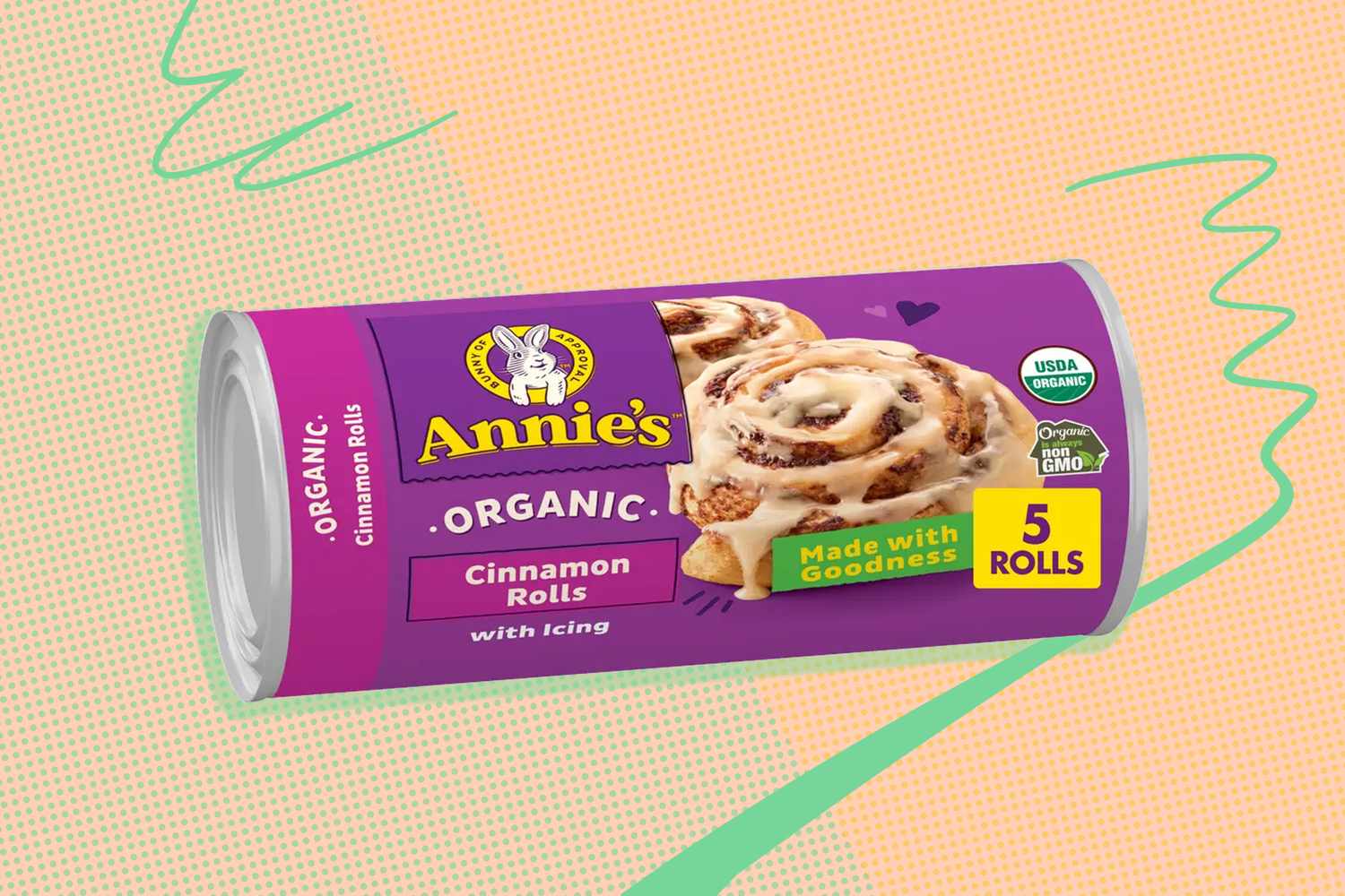 A packaged tube of Annies Organic Cinnamon Rolls with icing displaying a bright design and labeled for containing 5 rolls