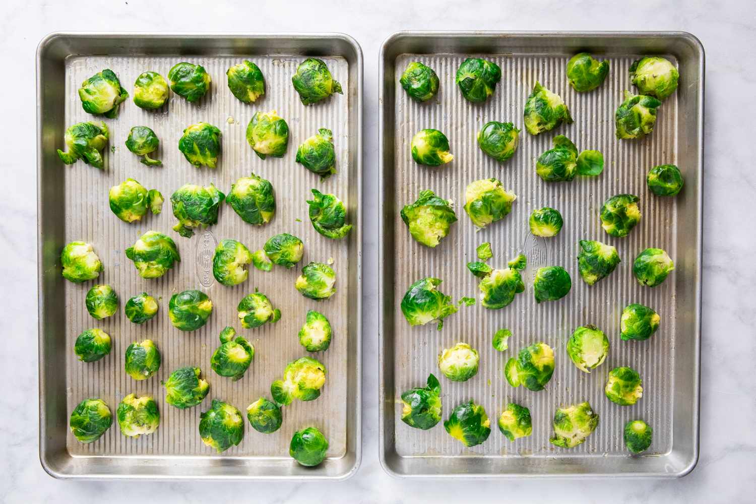 Smashed Brussels sprouts on baking sheets