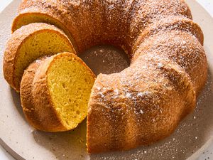 My Mom's Wine Cake bundt on a platter